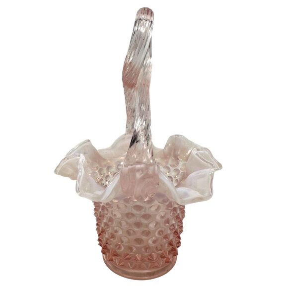 Vintage Fenton Glass Basket Light Pink Opalescent Hobnail Twisted Handle Ruffled - Picture 4 of 8